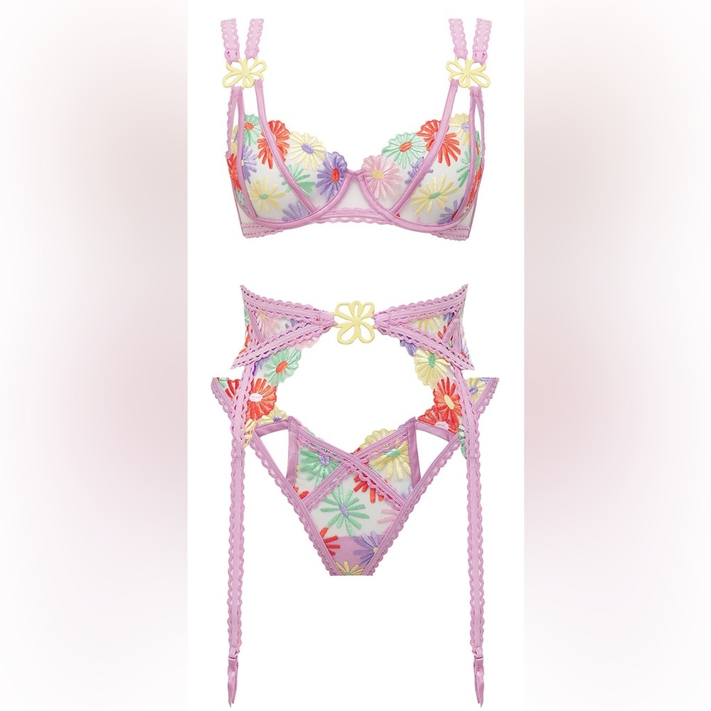 For Love and Lemons Gia Purple Floral Embroidered Bra Set - Picture 4 of 13